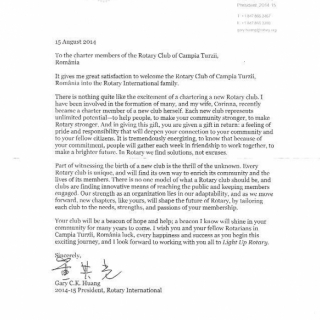 Scrisoarea Presedintelui Rotary International, catre membrii fondatori ai Clubului Rotary Campia Turzii, Romania